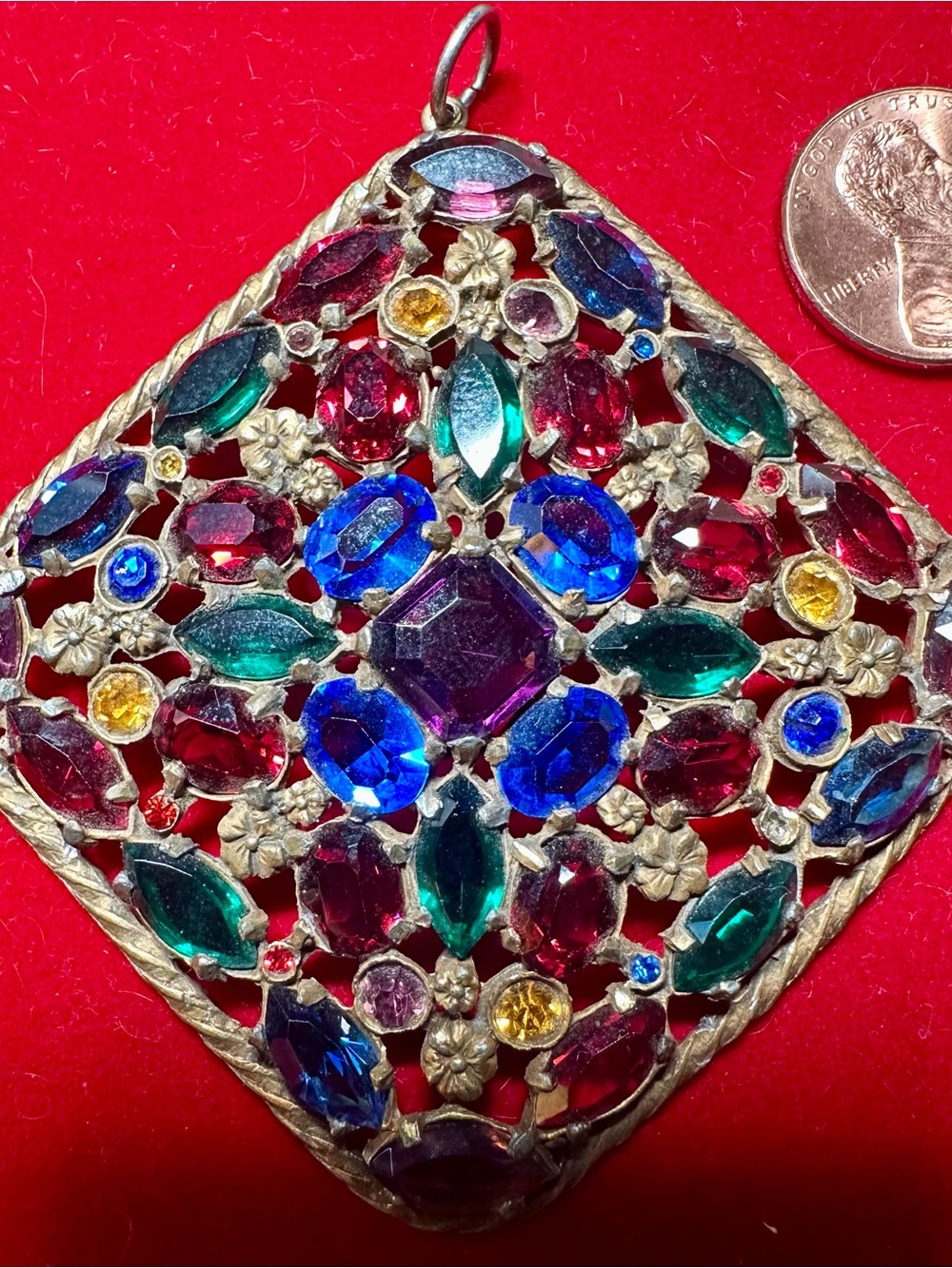 Amazing Vintage Multicolor Gemstone Filigree Pendant is a 2” square Beautiful